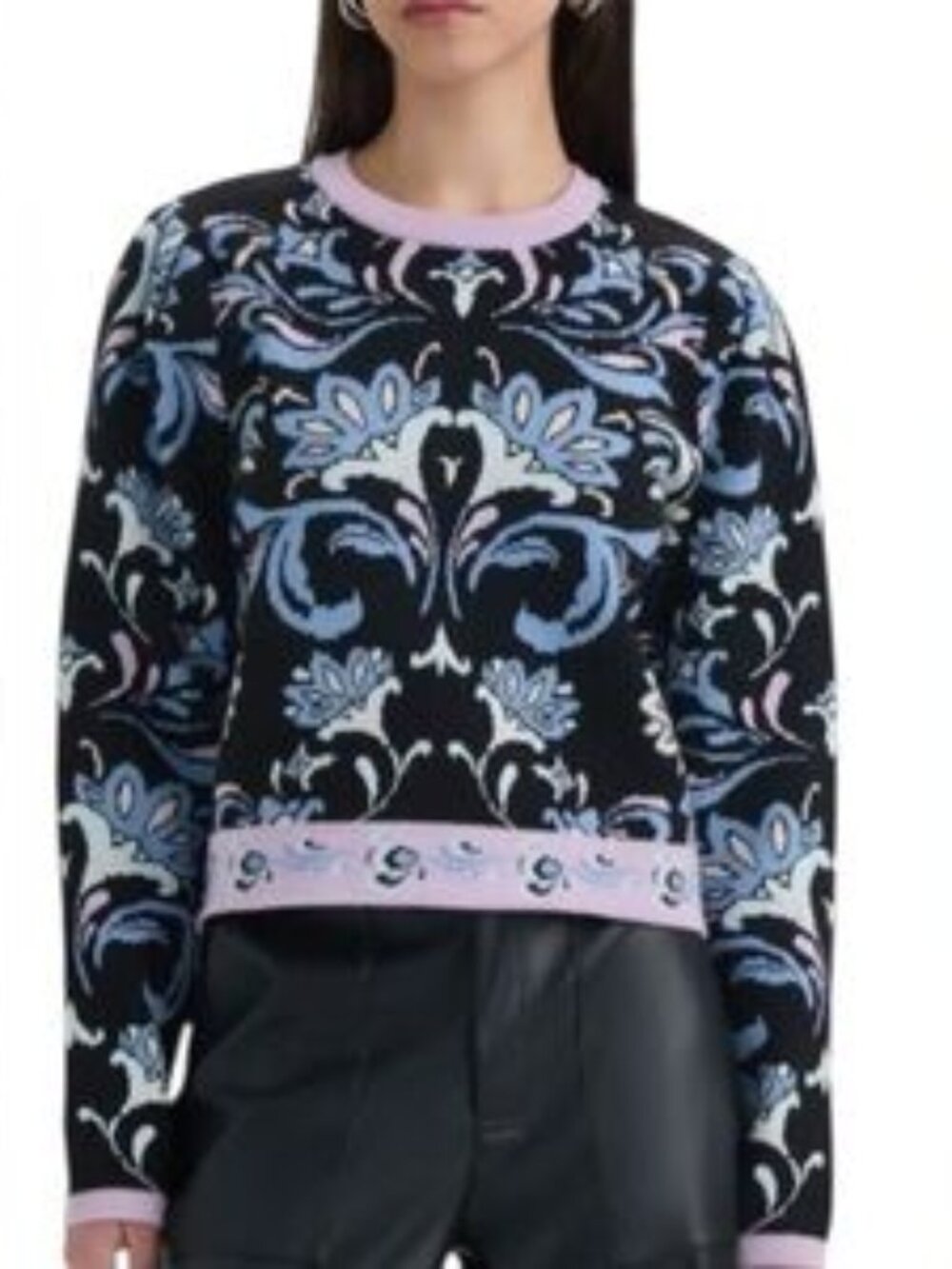 NVLT Anthropologie Crew Neck Sweater Small S Black Purple Blue Floral Filigree